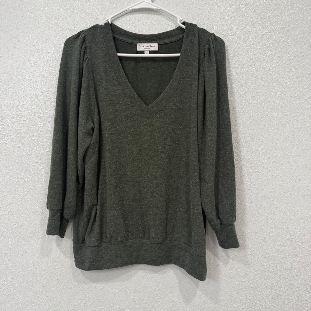 Michael Stars Los Angeles Womens Green Puff Sleeve V-Neck Knit Top Size M 2172